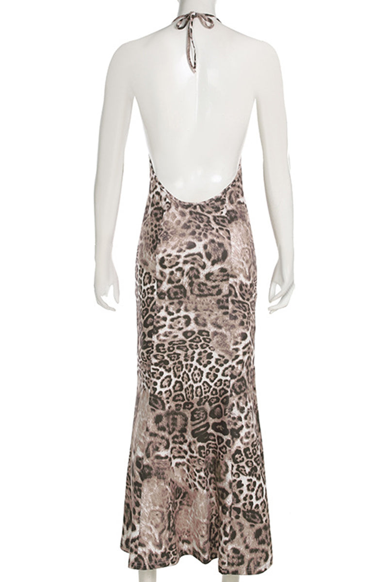 Elegant Leopard Print Patchwork Backless Strap Design Halter Long Dresses