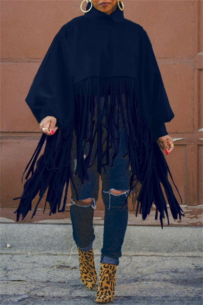 Casual Fringed Trim Turtleneck Tops