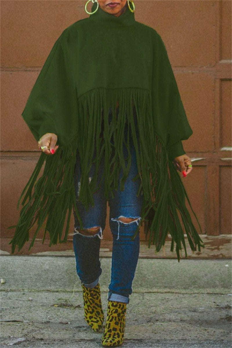 Casual Fringed Trim Turtleneck Tops