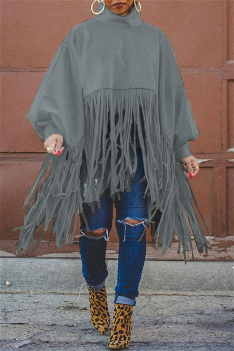 Casual Fringed Trim Turtleneck Tops