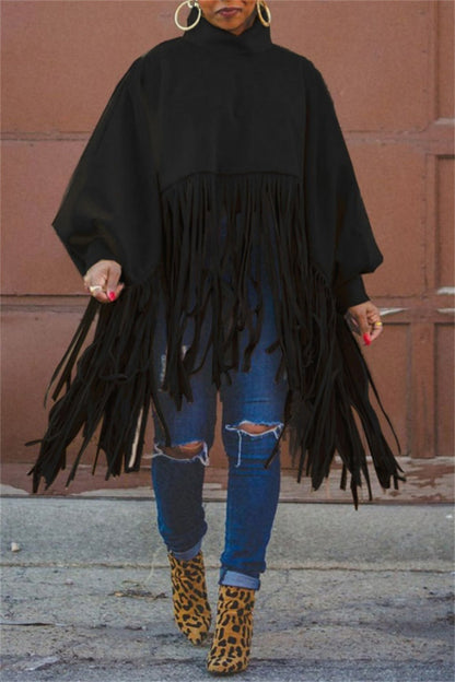 Casual Fringed Trim Turtleneck Tops