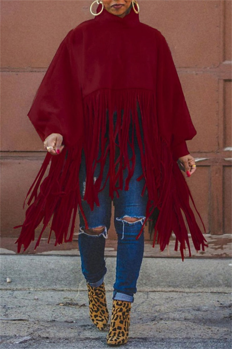 Casual Fringed Trim Turtleneck Tops