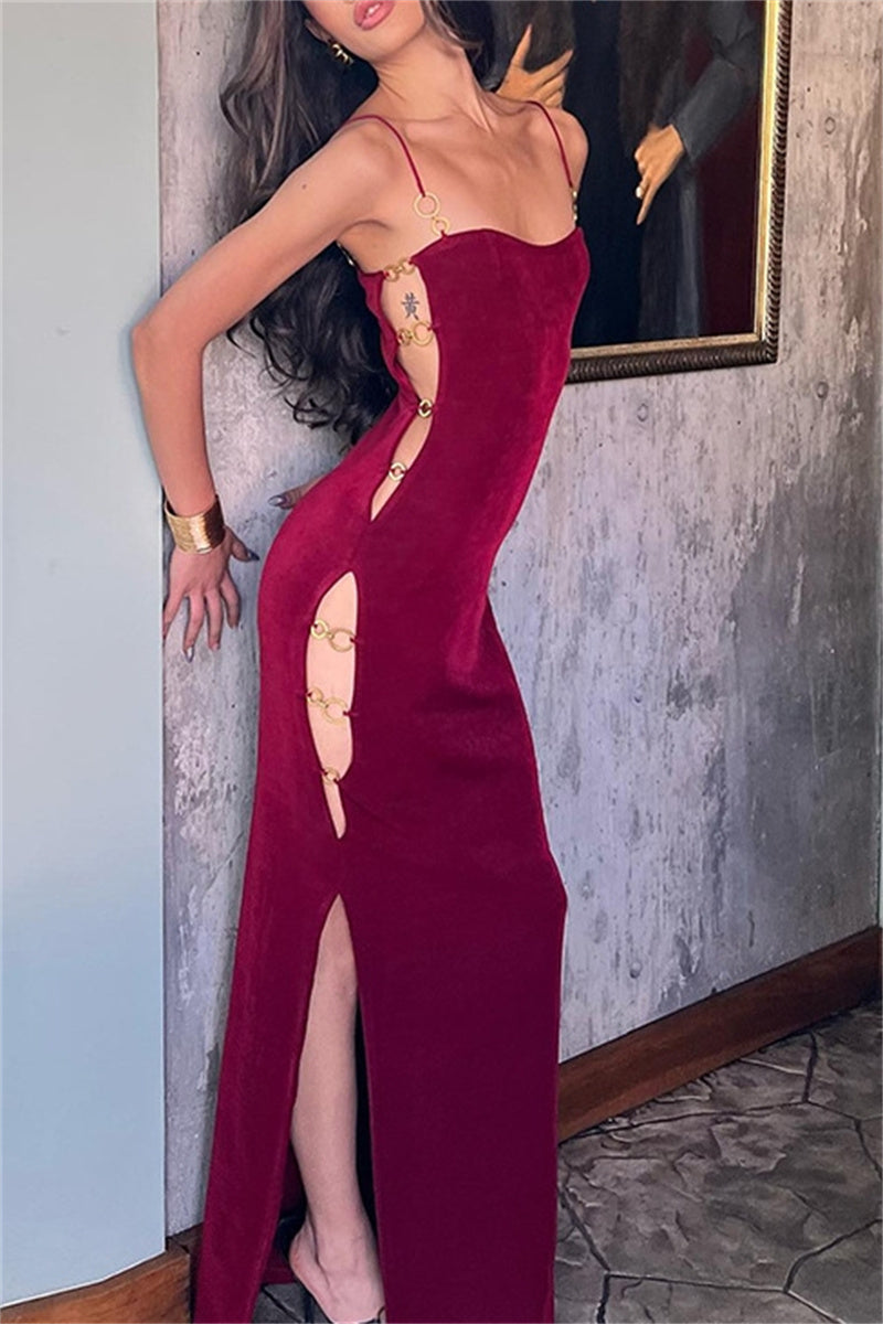 Sexy Hollow Out Slit Spaghetti Strap Long Dresses