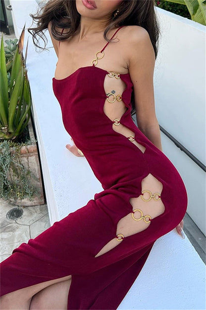 Sexy Hollow Out Slit Spaghetti Strap Long Dresses