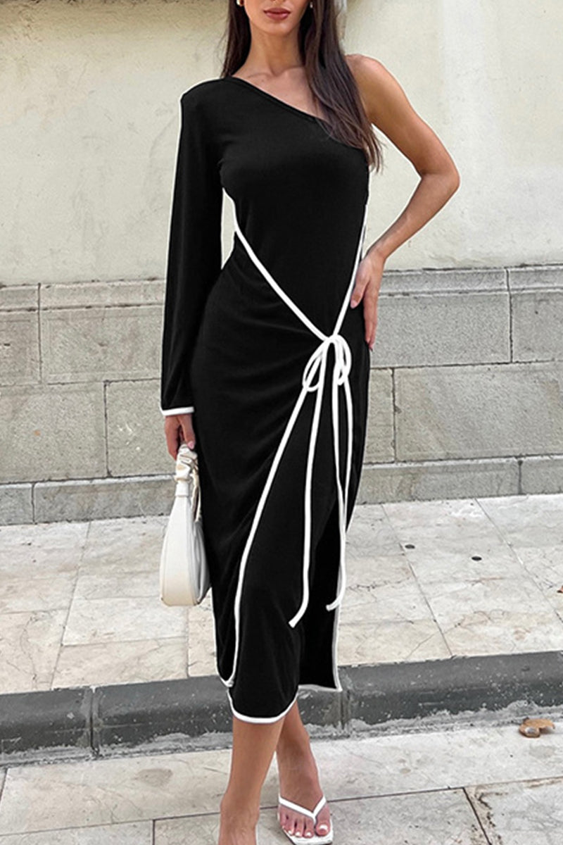 Elegant Patchwork Backless Strap Design Contrast Oblique Collar Long Dresses