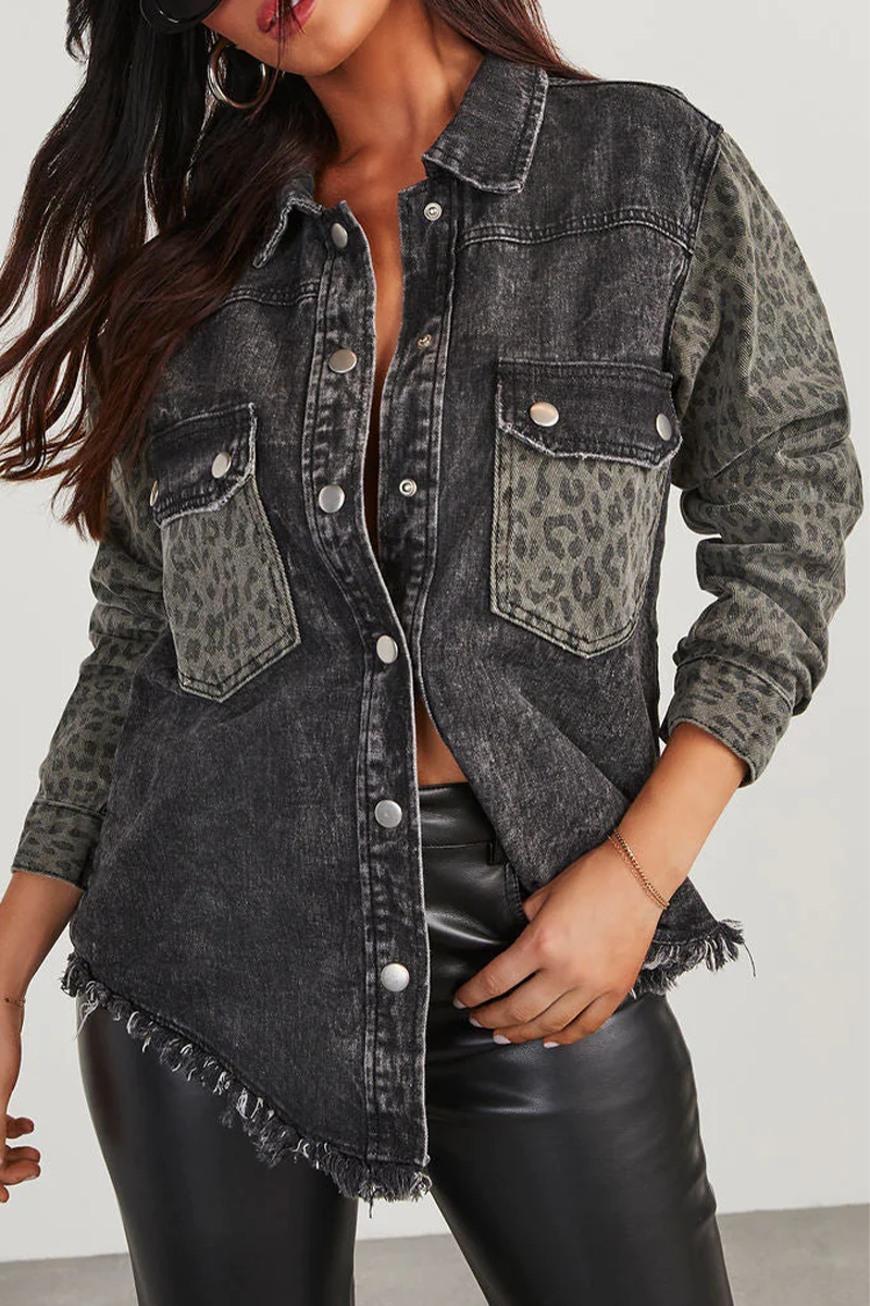 Casual Street Leopard Distressed Buttons Patchwork Turndown Collar Outerwear