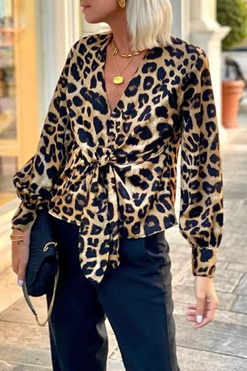 Street Elegant Leopard Print Lace Up V Neck Blouses