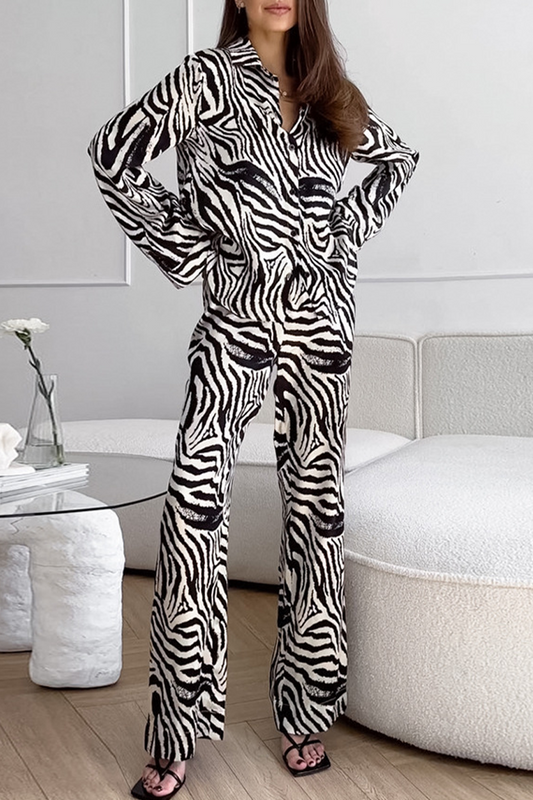 Casual Vacation Zebra Print Pocket Contrast Turndown Collar Long Sleeve Two Pieces