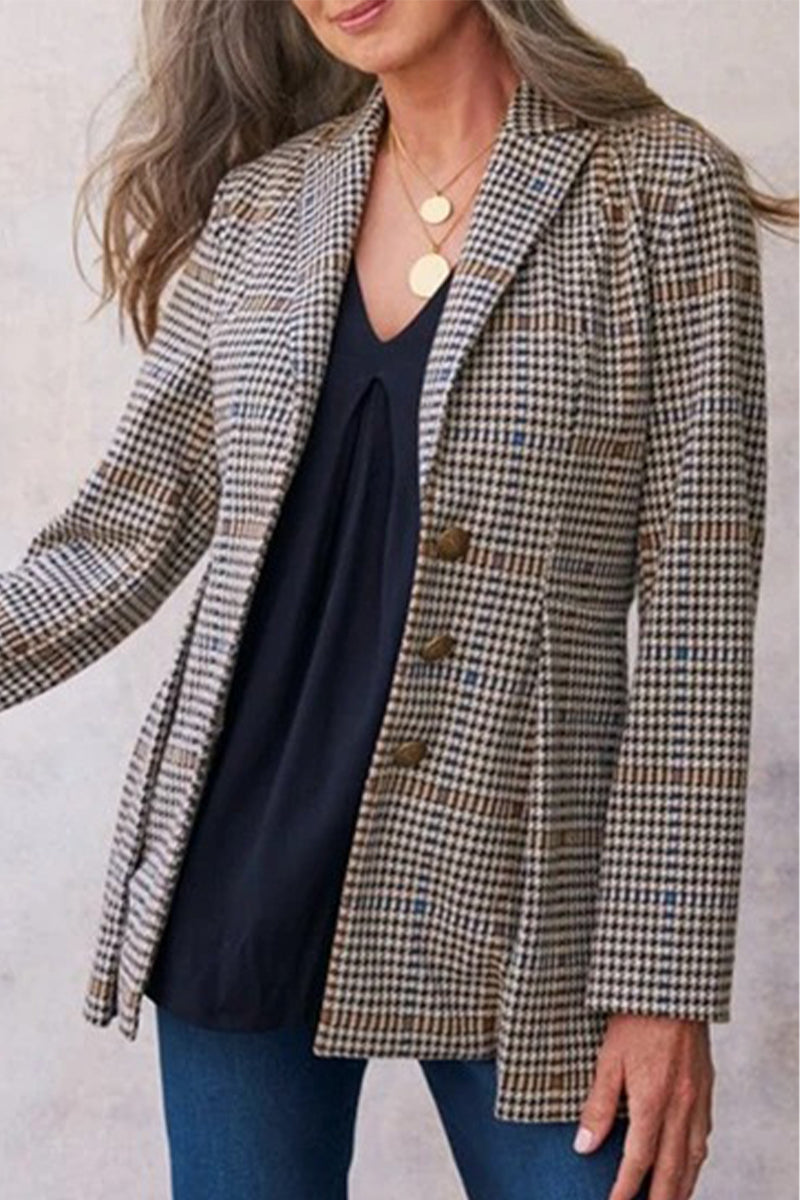 Casual Plaid Print Buttons Turn-back Collar Outerwear