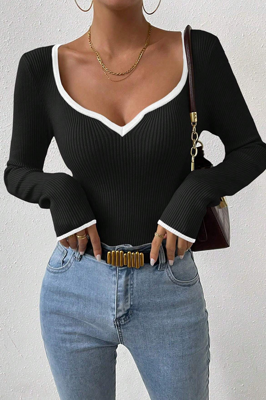 Casual Daily Solid Color Contrast V Neck Tops(5 Colors)