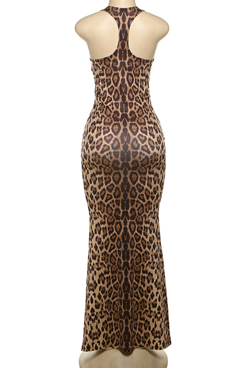 Elegant Leopard Print Patchwork Backless Halter Long Dresses