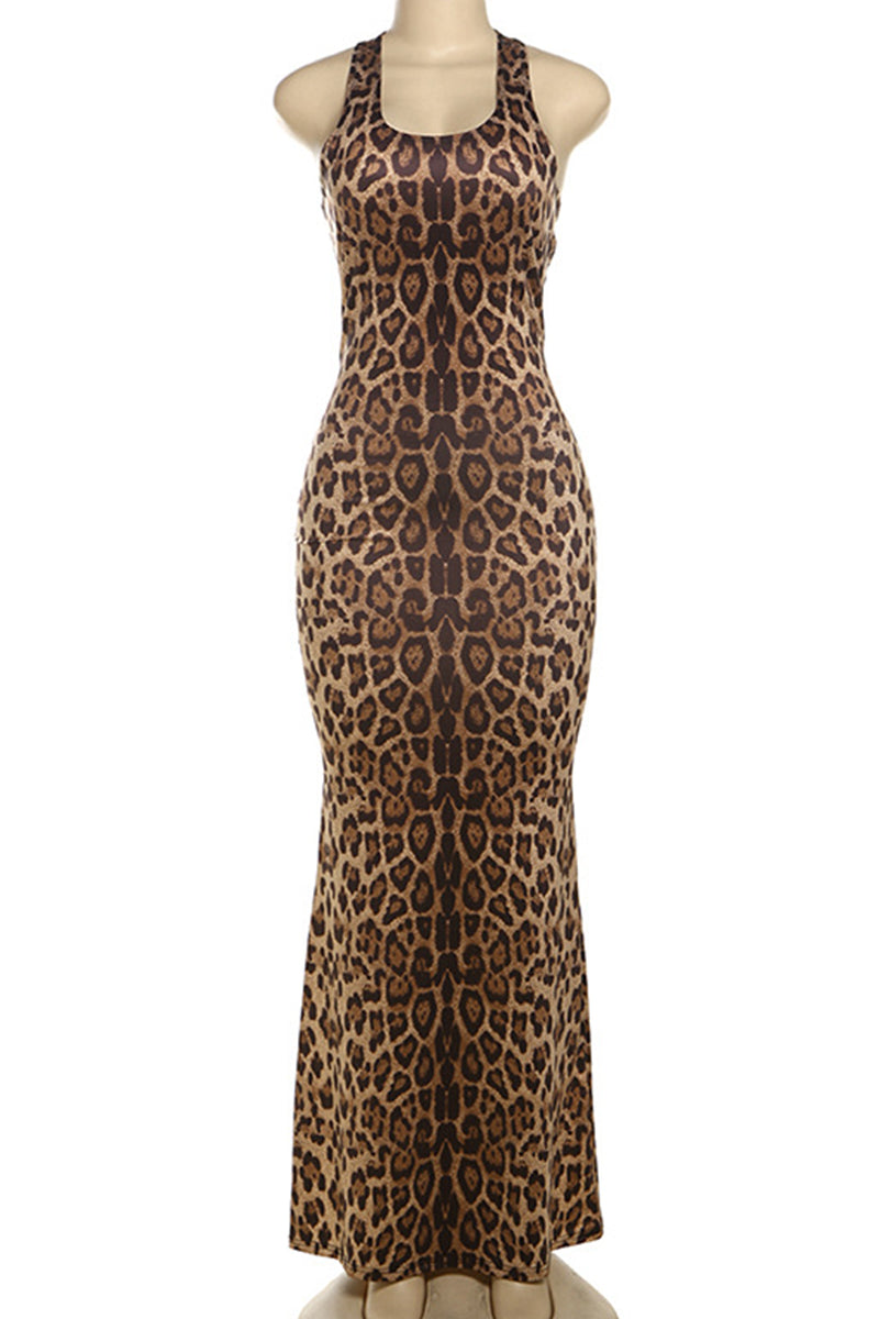 Elegant Leopard Print Patchwork Backless Halter Long Dresses