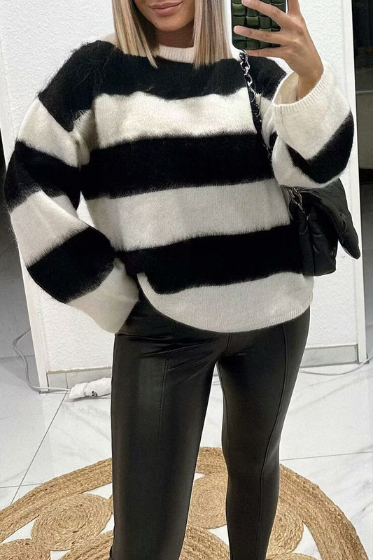 Casual Stripe Fluffy Contrast O Neck Sweaters