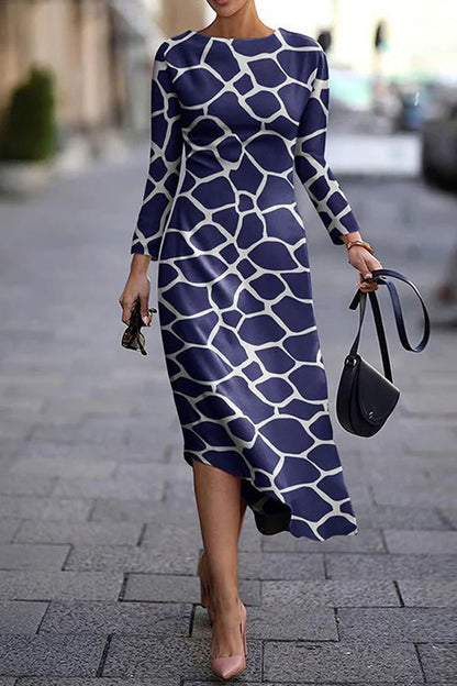 Casual Print Basic O Neck Long Sleeve Dresses(5 Colors)