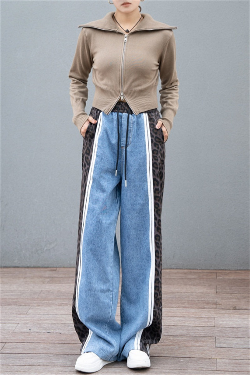 Casual Leopard Print Patchwork High Waist Straight Denim Jeans