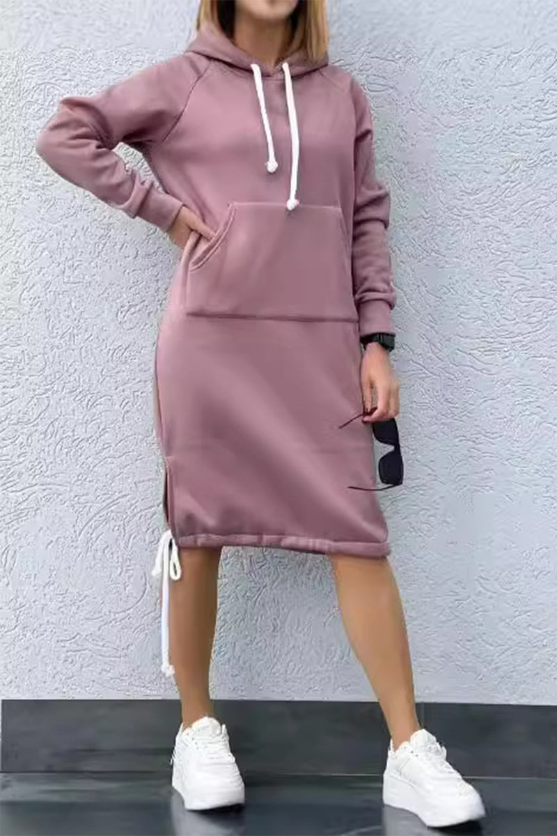 Casual Street Draw String Lace Up Hooded Long Sleeve Dresses(5 Colors)