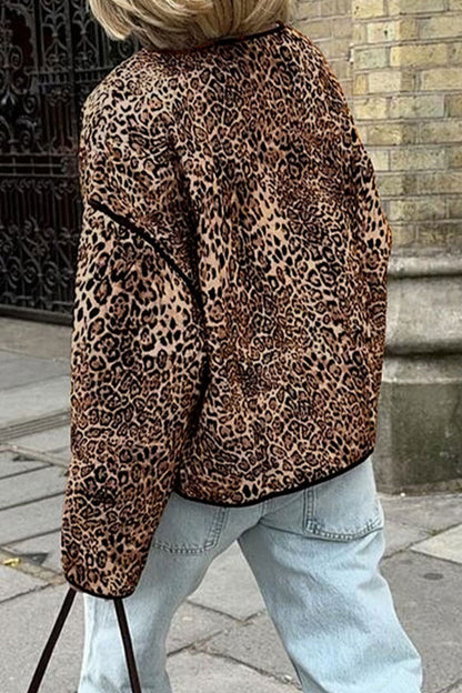 Casual Street Leopard Pocket Patchwork O Neck Outerwear(3 Colors)