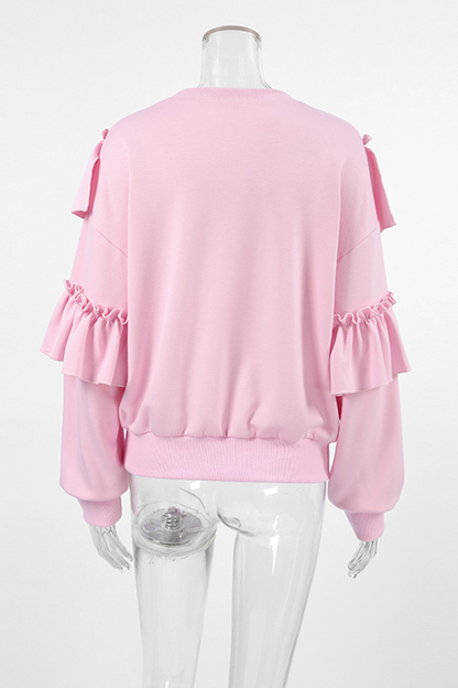 Casual Solid Color Ruffle O Neck Hoodies