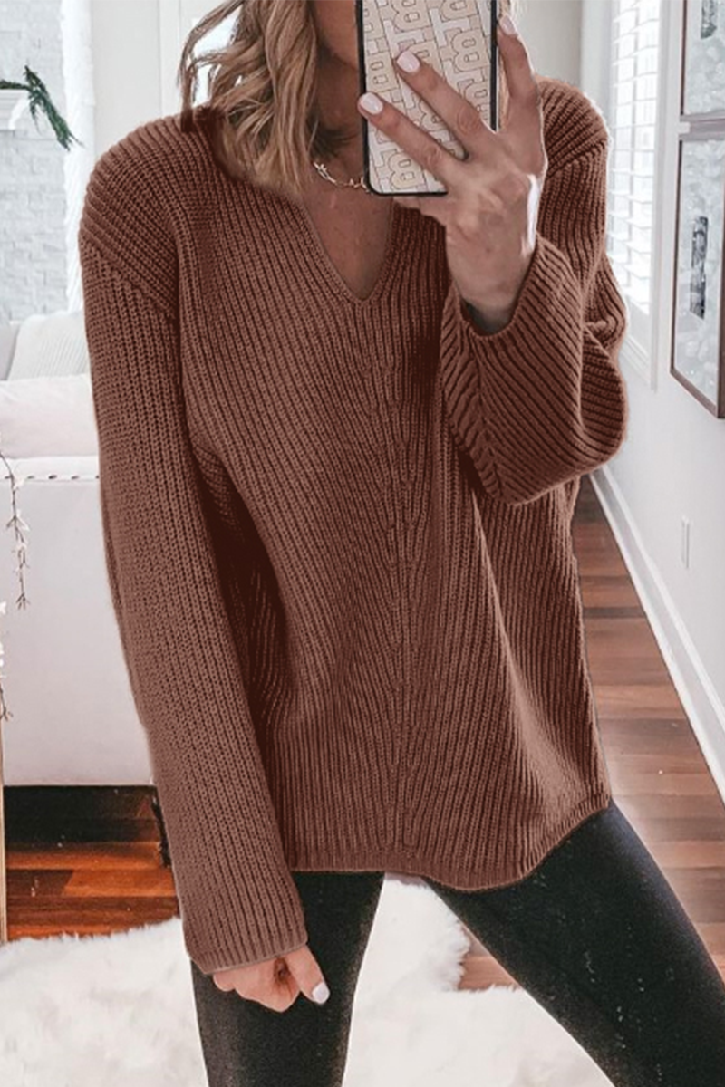 Casual Solid Color Weave V Neck Sweaters(5 Colors)