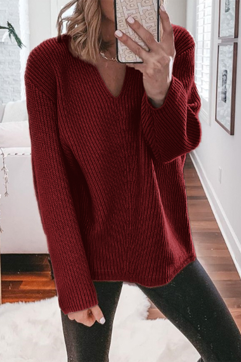 Casual Solid Color Weave V Neck Sweaters(5 Colors)