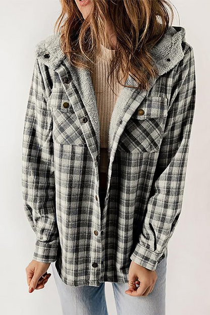 Casual Plaid Pocket Fluffy Contrast Hooded Outerwear(7 Colors)