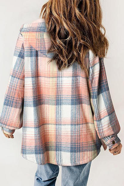 Casual Plaid Pocket Fluffy Contrast Hooded Outerwear(7 Colors)