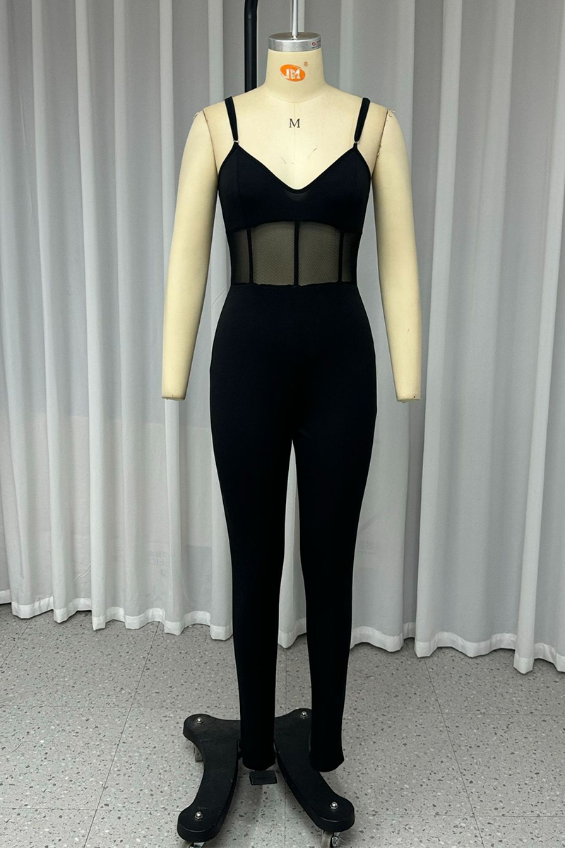 Sexy Solid Color Mesh V Neck Skinny Jumpsuits