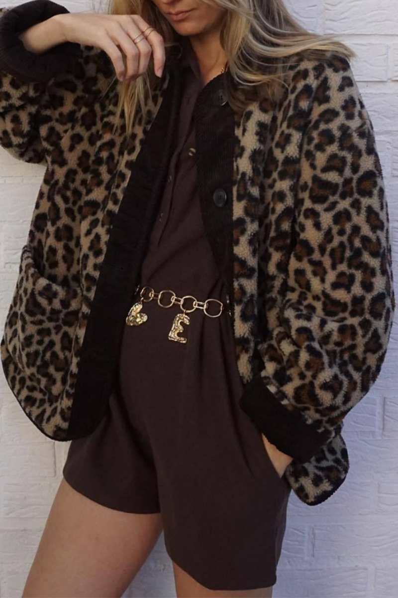 Casual Street Leopard Pocket Patchwork Fluffy O Neck Outerwear