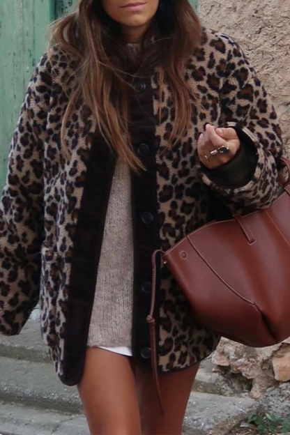 Casual Street Leopard Pocket Patchwork Fluffy O Neck Outerwear