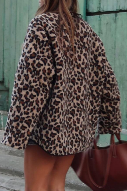 Casual Street Leopard Pocket Patchwork Fluffy O Neck Outerwear