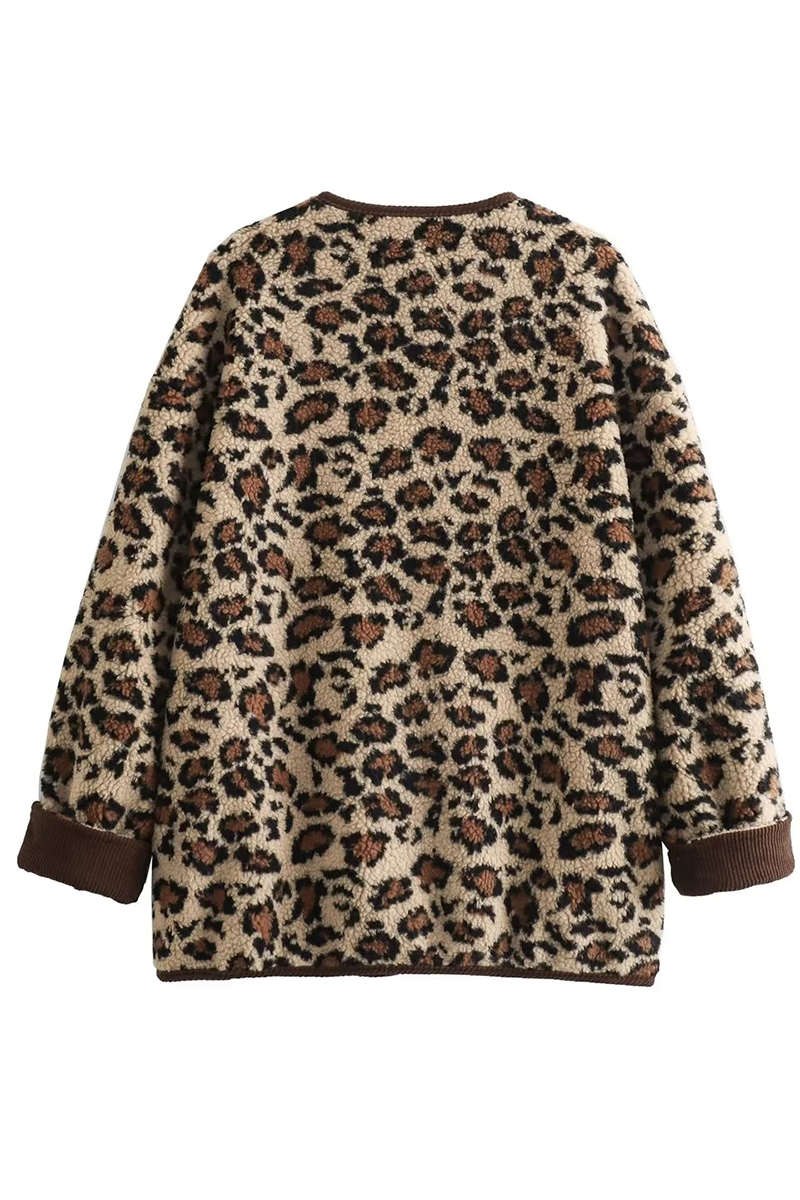 Casual Street Leopard Pocket Patchwork Fluffy O Neck Outerwear