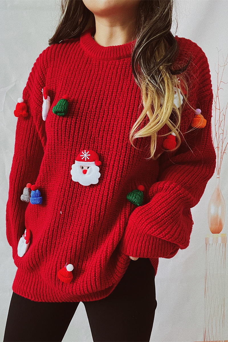 Casual Santa Claus Christmas Tree Patchwork Weave O Neck Sweaters