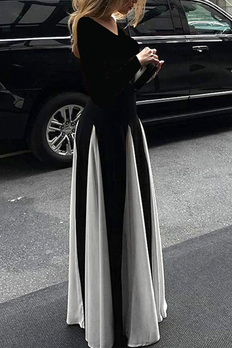 Elegant Patchwork Contrast V Neck Long Dresses