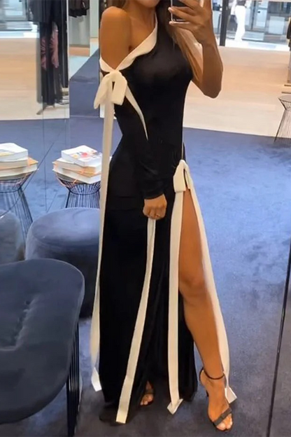 Sexy Stripe Lace Up Slit Contrast Sloping Shoulder Irregular Dresses