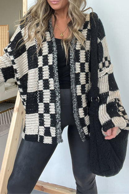 Casual Plaid Weave Contrast V Neck Outerwear