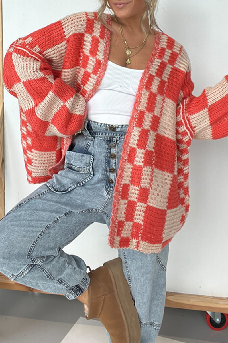 Casual Plaid Weave Contrast V Neck Outerwear