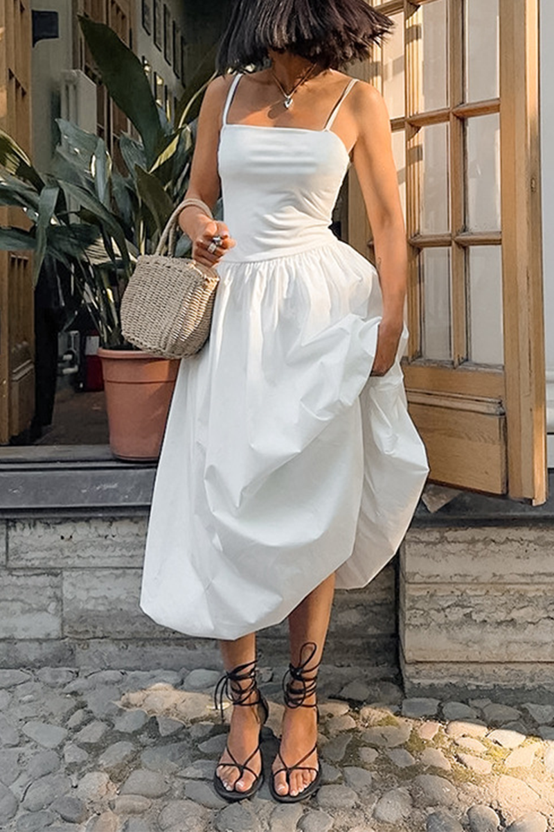 Casual Ruched Square Neck Sling Dresses