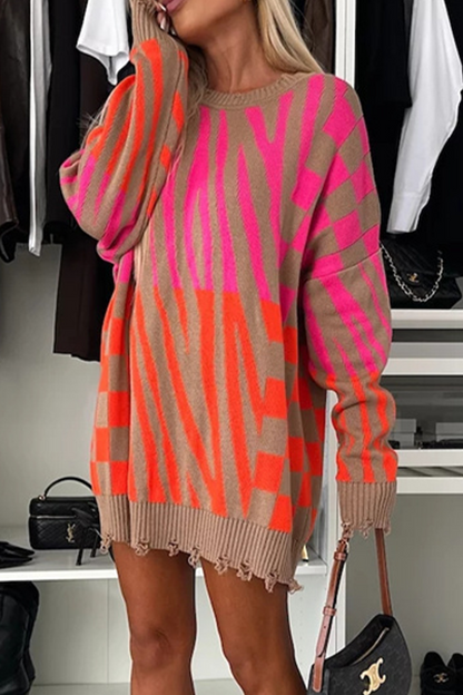 Casual Stripe Irregular Weave Contrast O Neck Sweaters