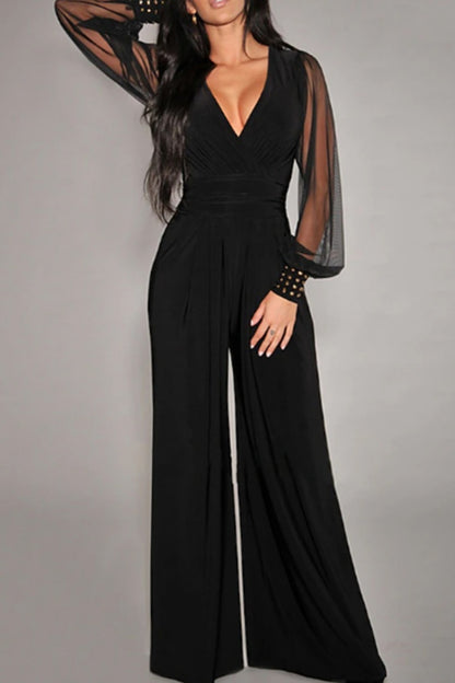 Casual See-Through V Neck Regular Jumpsuits