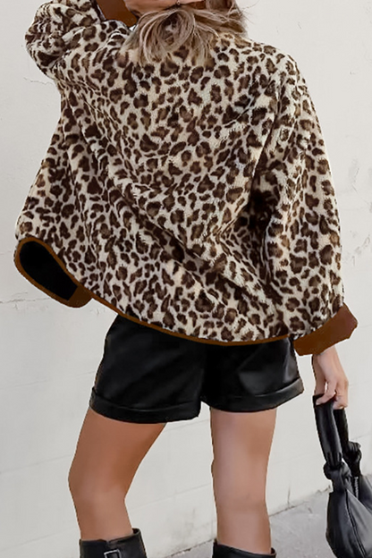 Casual Leopard Pocket Buttons Patchwork O Neck Outerwear