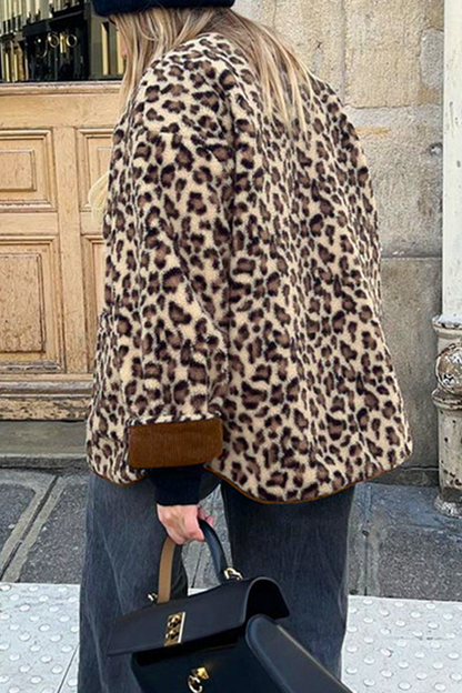 Casual Leopard Pocket Buttons Patchwork O Neck Outerwear