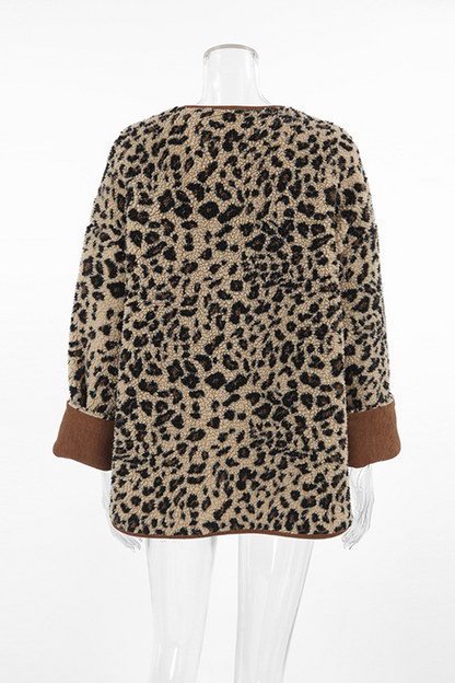 Casual Leopard Pocket Buttons Patchwork O Neck Outerwear