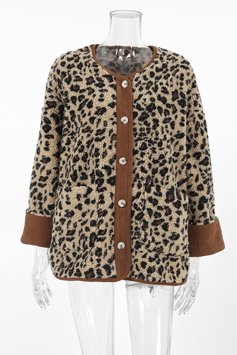 Casual Leopard Pocket Buttons Patchwork O Neck Outerwear