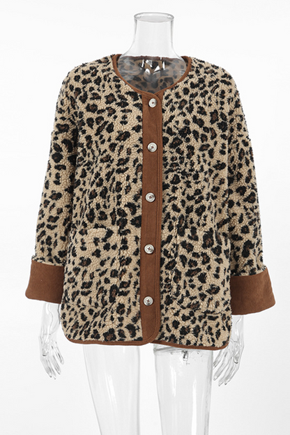 Casual Leopard Pocket Buttons Patchwork O Neck Outerwear