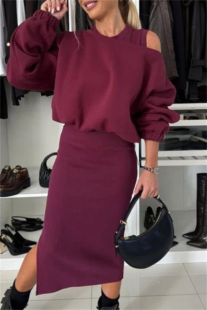 Casual Slit O Neck Long Sleeve Two Pieces(4 Colors)