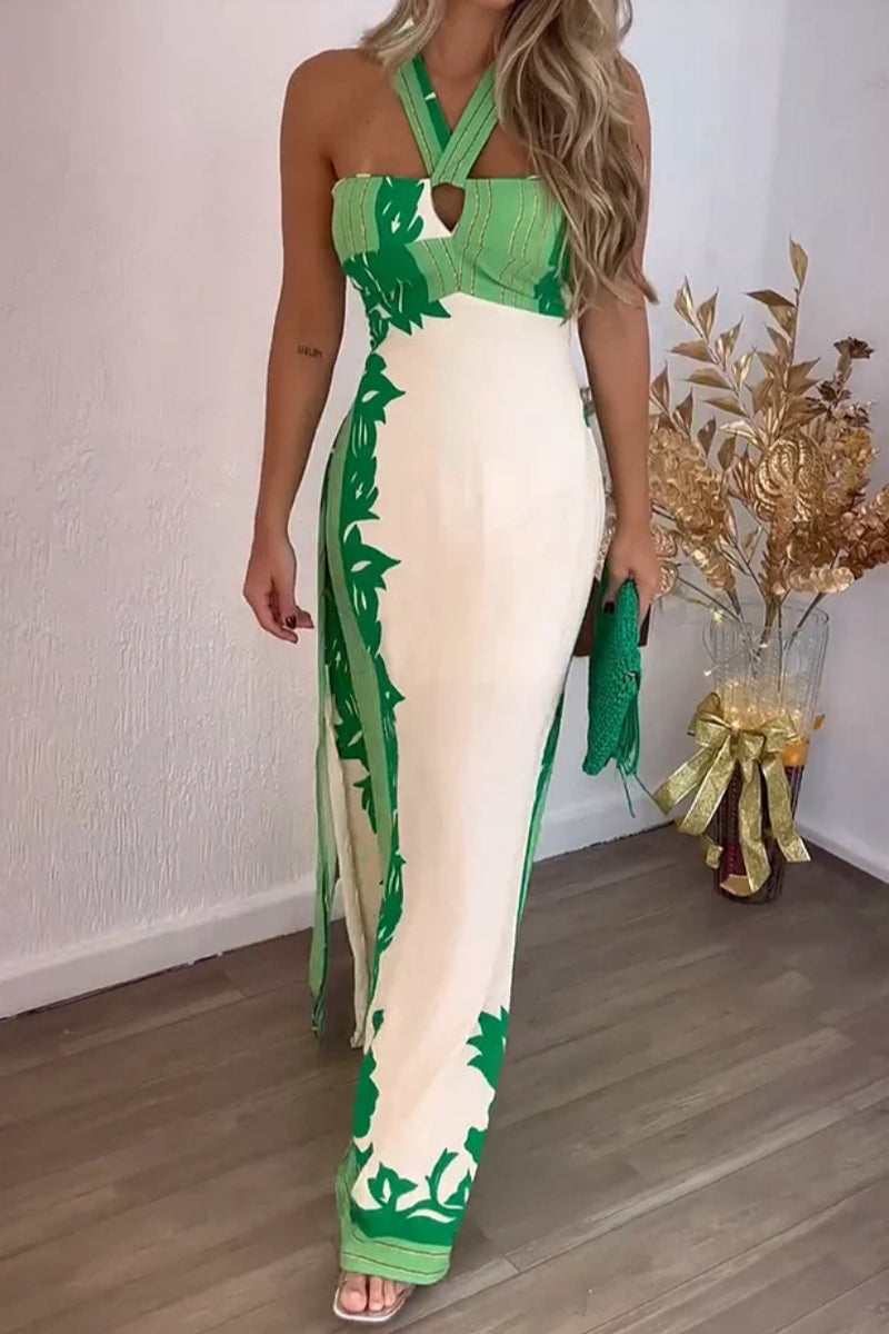 Sexy Vacation Print Lace Up Backless Slit Halter Long Dresses(4 Colors)