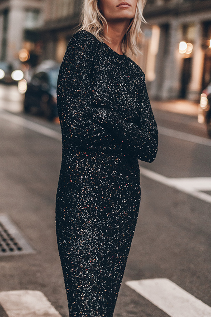 Casual Street Sequins Backless O Neck Long Sleeve Dresses