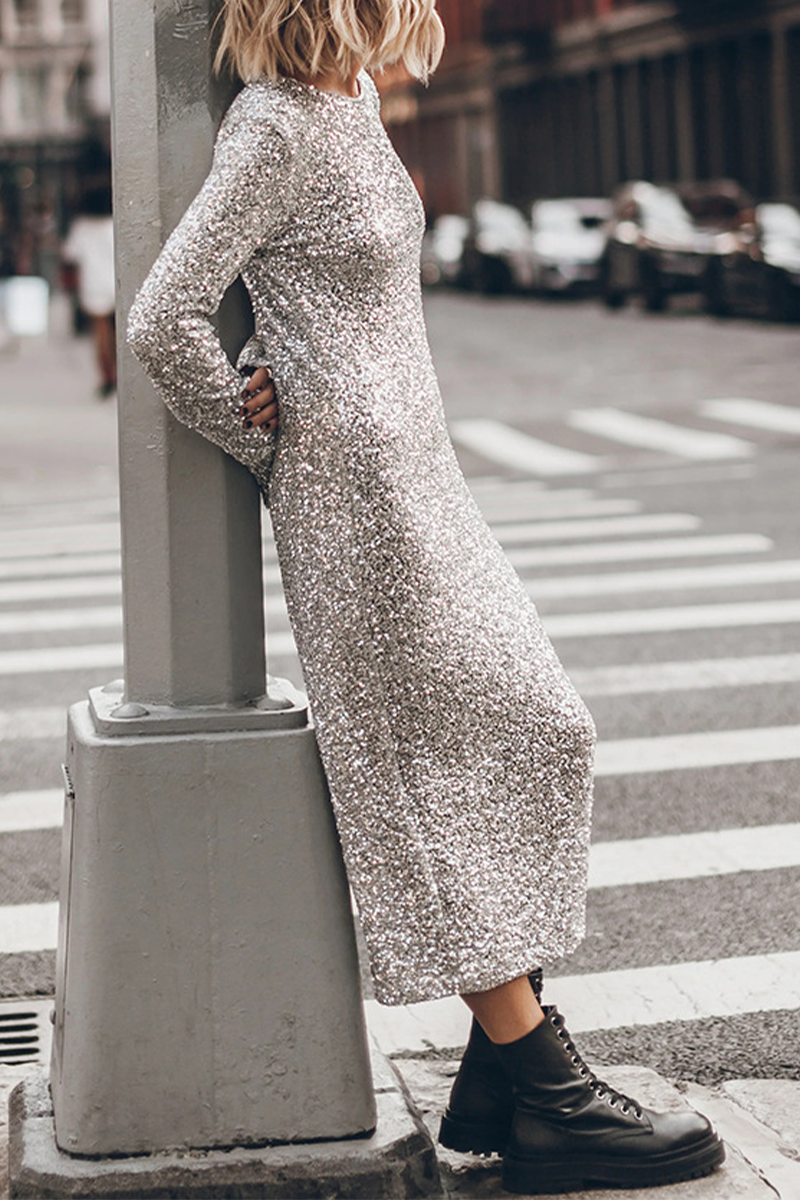 Casual Street Sequins Backless O Neck Long Sleeve Dresses