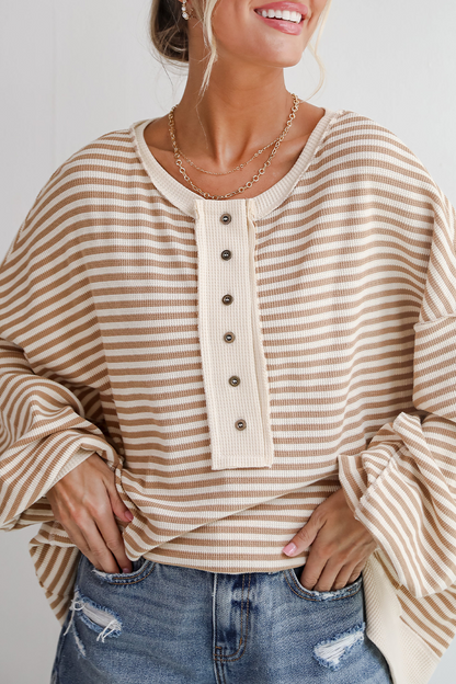 Casual Stripe Buckle Patchwork Contrast O Neck Tops