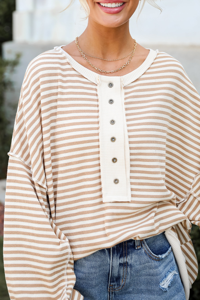 Casual Stripe Buckle Patchwork Contrast O Neck Tops